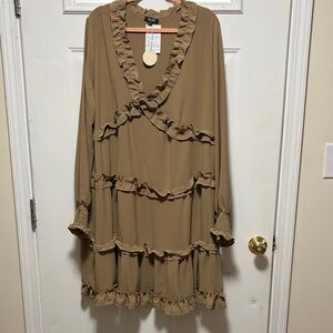 ODDY Tan Ruffle Tiered Long Sleeve Dress
